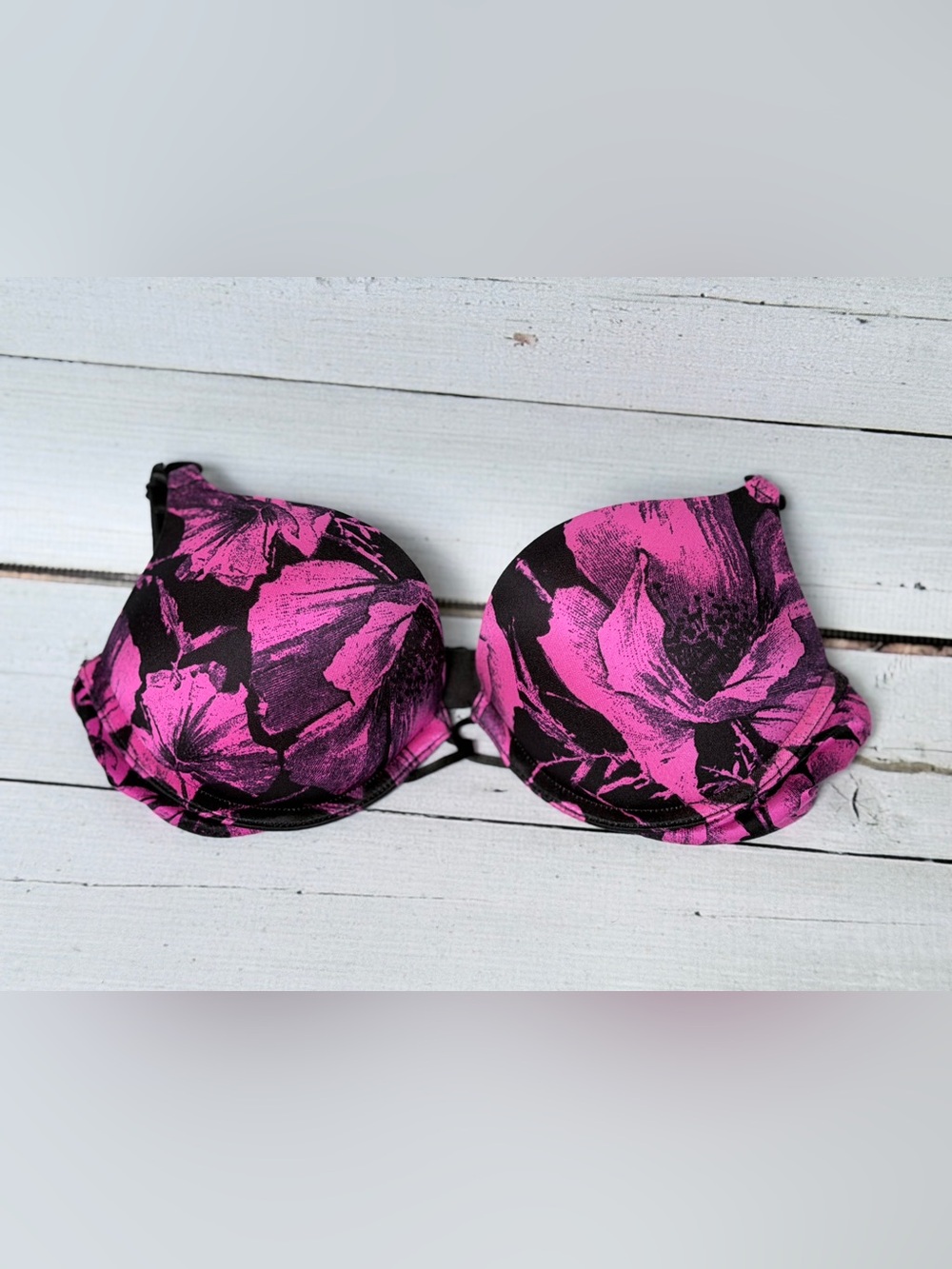 Victoria's Secret Hot Pink and Black Floral Push-Up Bra